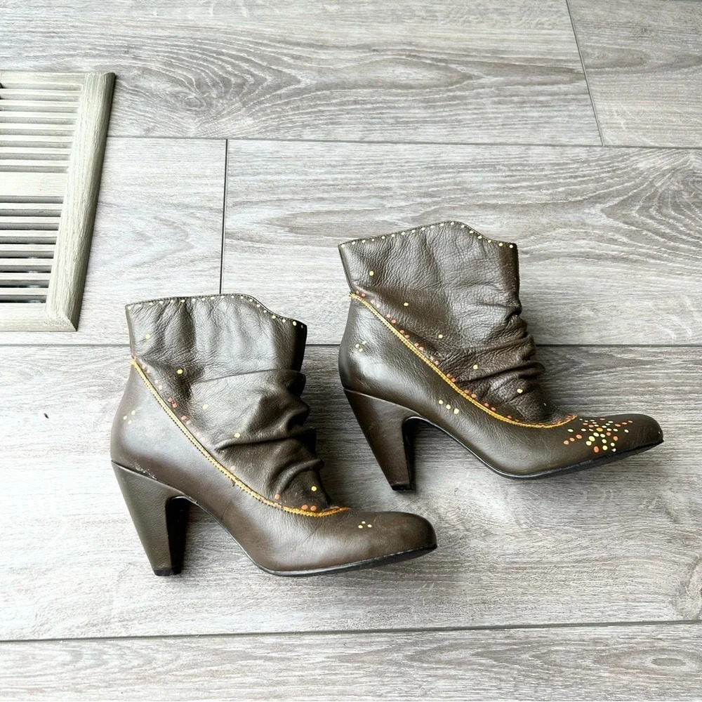 Roberto Vianni Brown Leather Printed Heeled Slouchy Ankle  Boots - Picture 4 of 15